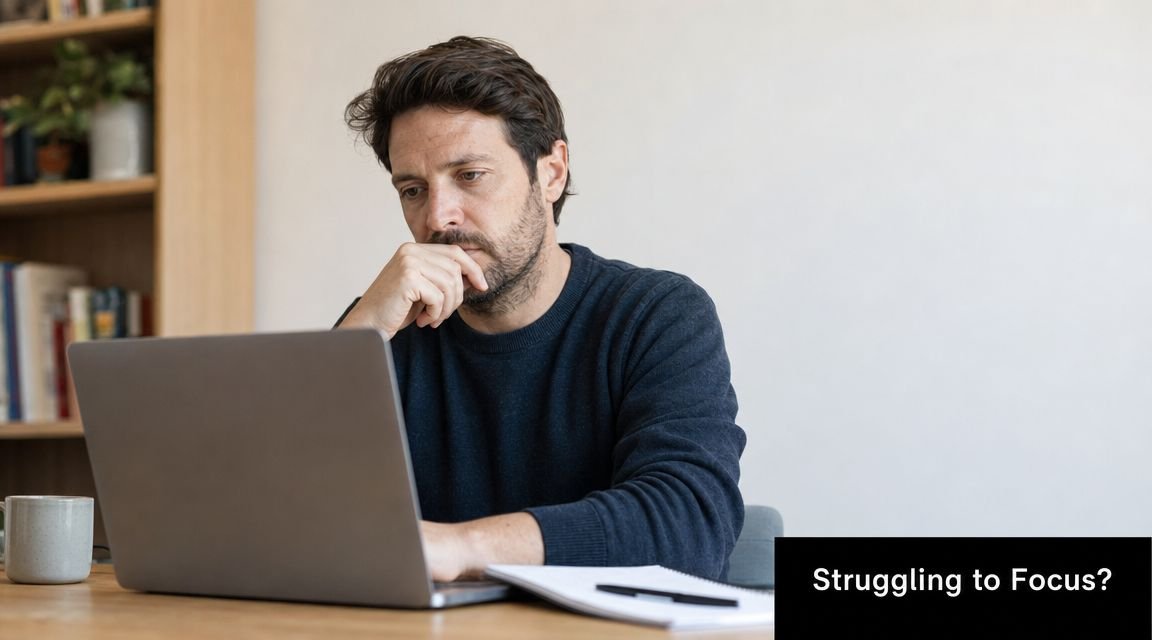 A man with a thoughtful expression sitting at a desk and looking at his laptop screen.
