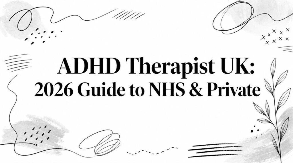 Hero banner reading 'ADHD Therapist UK: 2026 Guide to NHS & Private' with abstract black doodles and line art.