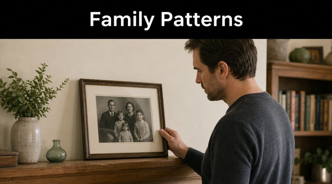 A man thoughtfully looking at a framed vintage family photograph on a wooden mantelpiece.