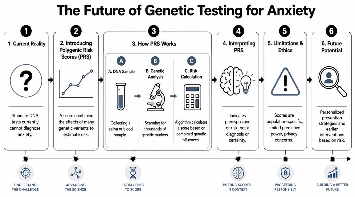 A six-step infographic detailing the process and future potential of using polygenic risk scores for anxiety testing.