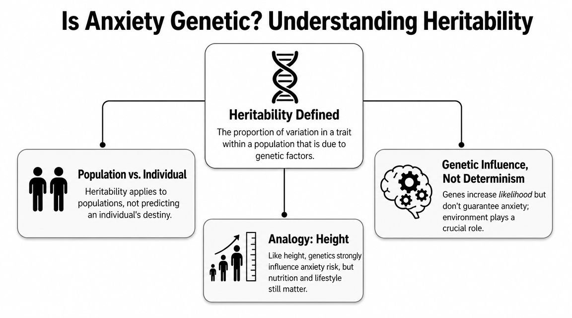 An infographic explaining the role of genetics in anxiety through heritability, population factors, and environmental influence.