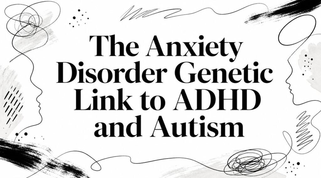 Headline: The Anxiety Disorder Genetic Link to ADHD and Autism, framed by abstract black doodles and line art.