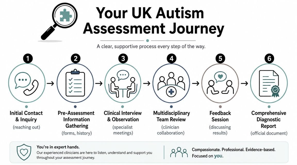 A six-step infographic detailing the professional autism assessment journey process in the United Kingdom for patients.