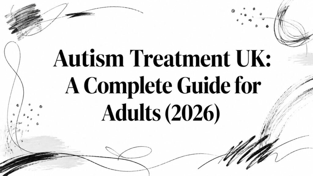 Title: Autism Treatment UK: A Complete Guide for Adults (2026) with abstract black brush strokes.