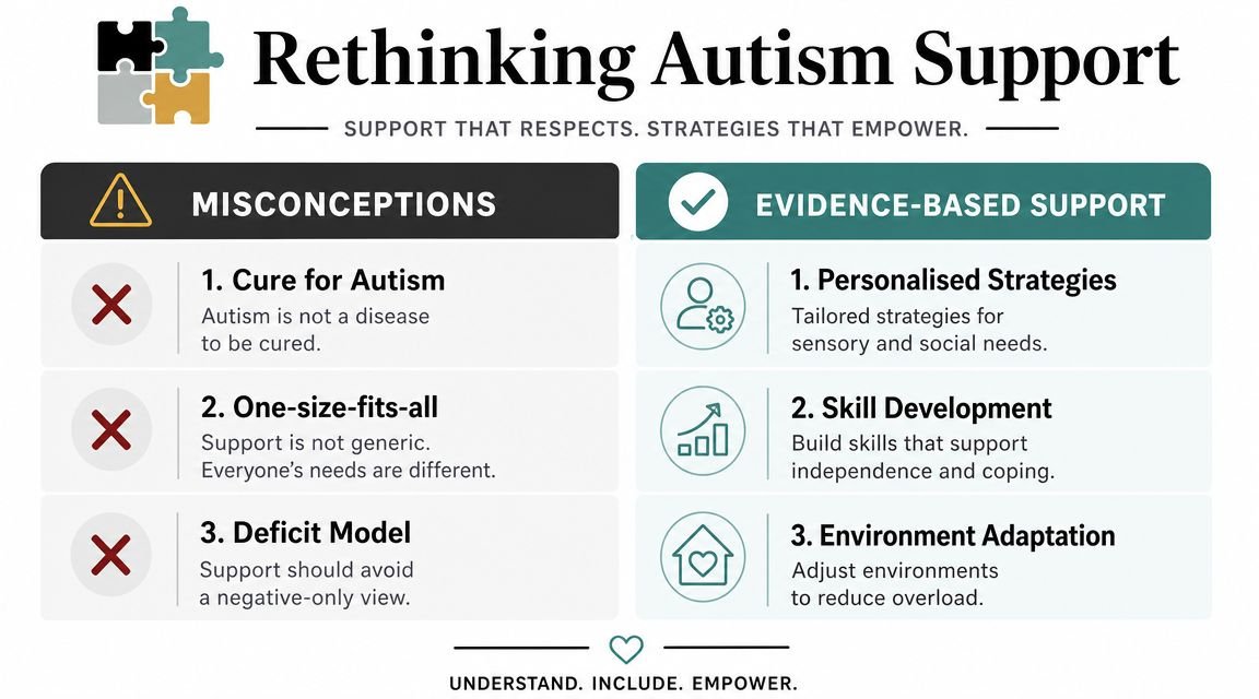 A comparison chart outlining misconceptions about autism versus evidence-based support strategies for autistic individuals.