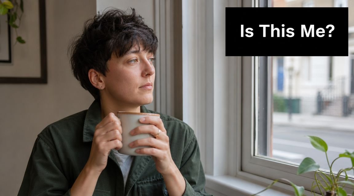 A person with short dark hair thoughtfully gazing out of a window while holding a ceramic mug.
