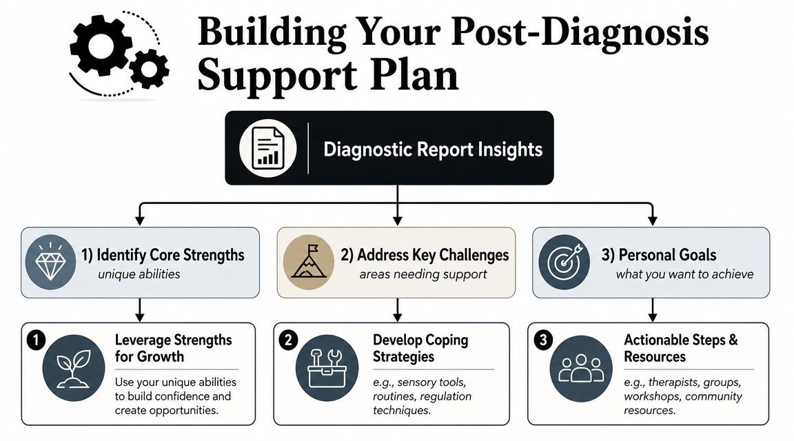 A flowchart titled Building Your Post-Diagnosis Support Plan outlining steps from diagnostic insights to actionable personal growth.