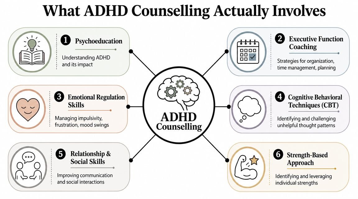 A diagram illustrating six key components of ADHD counselling, including psychoeducation, coaching, emotional regulation, and skill development.