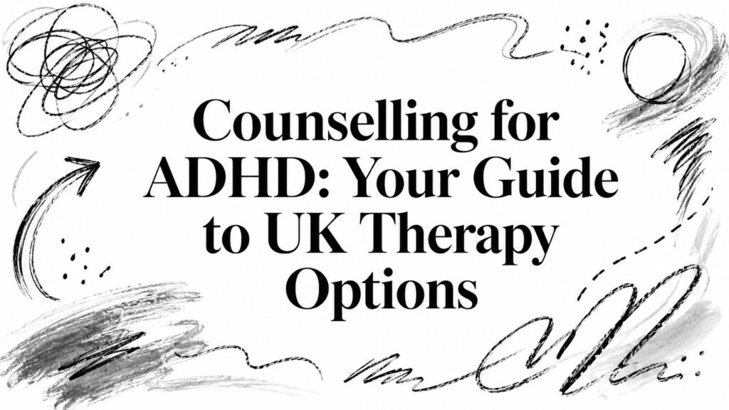 Banner headline: "Counselling for ADHD: Your Guide to UK Therapy Options" with abstract black brush strokes framing the text (informative).