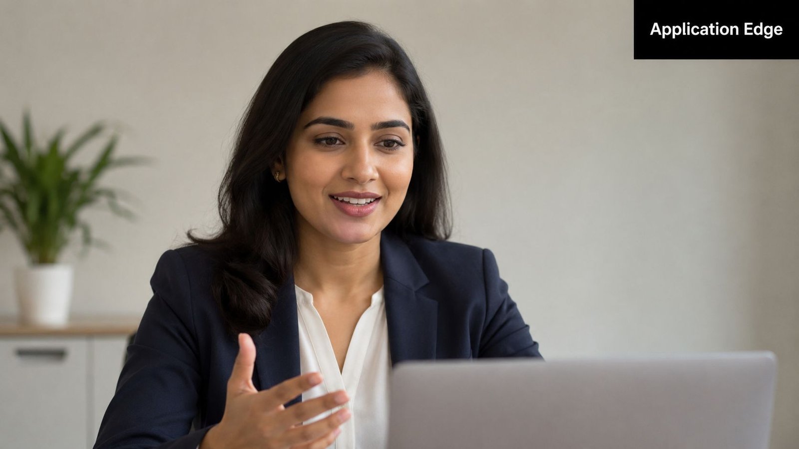 A professional woman in a suit gesturing while video conferencing on a laptop in an office.