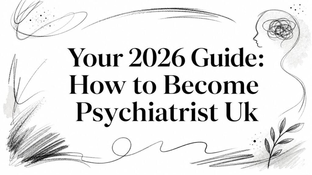Headline card reading 'Your 2026 Guide: How to Become Psychiatrist UK' with abstract black doodle borders and flourishes around the edges.