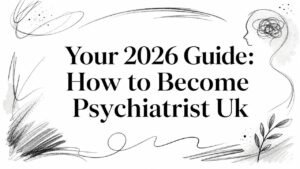Headline card reading 'Your 2026 Guide: How to Become Psychiatrist UK' with abstract black doodle borders and flourishes around the edges.