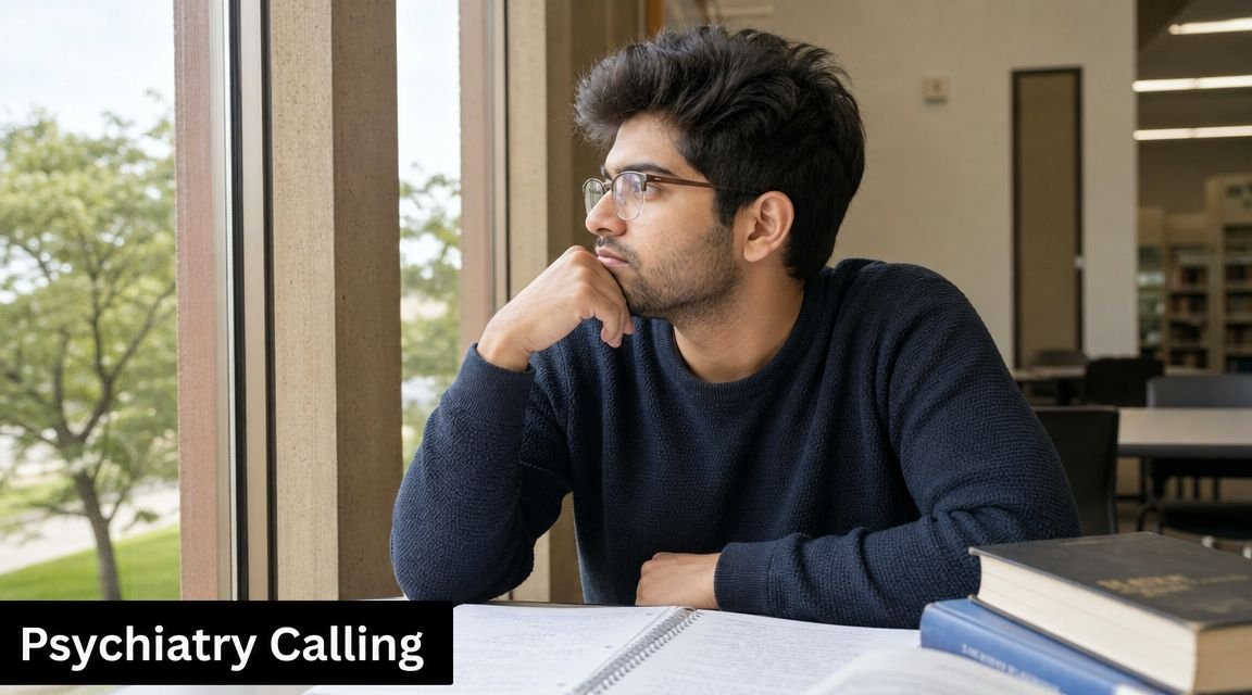 A pensive young student looking out of a library window while studying with books and notebooks.