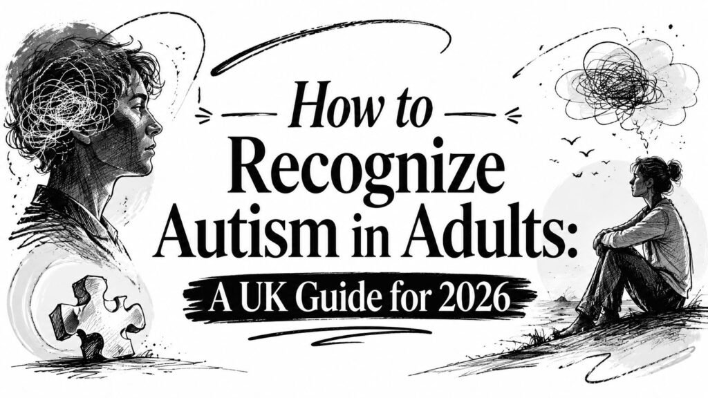 Banner text reads: 'How to Recognize Autism in Adults: A UK Guide for 2026' with black‑and‑white sketch of a woman left and a person sitting on the right.