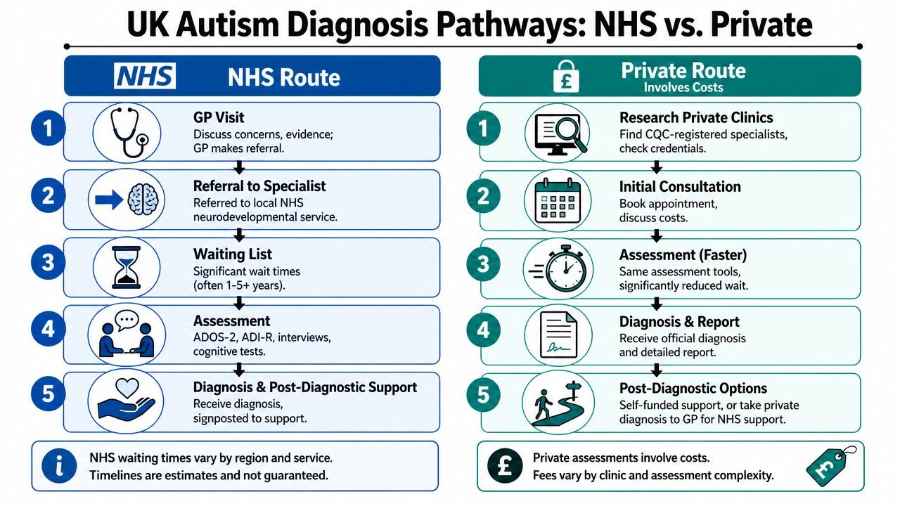 A comparison flowchart showing the five steps of the NHS versus private autism diagnosis pathways in the UK.