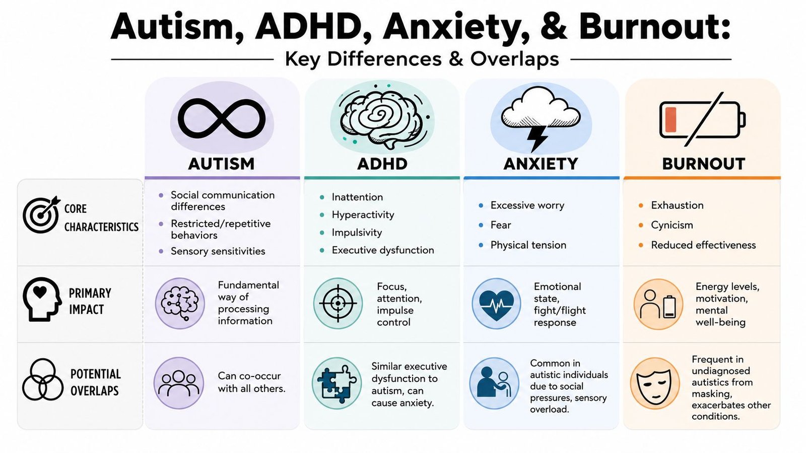 A comparison chart outlining key characteristics, impacts, and overlaps for autism, ADHD, anxiety, and burnout conditions.