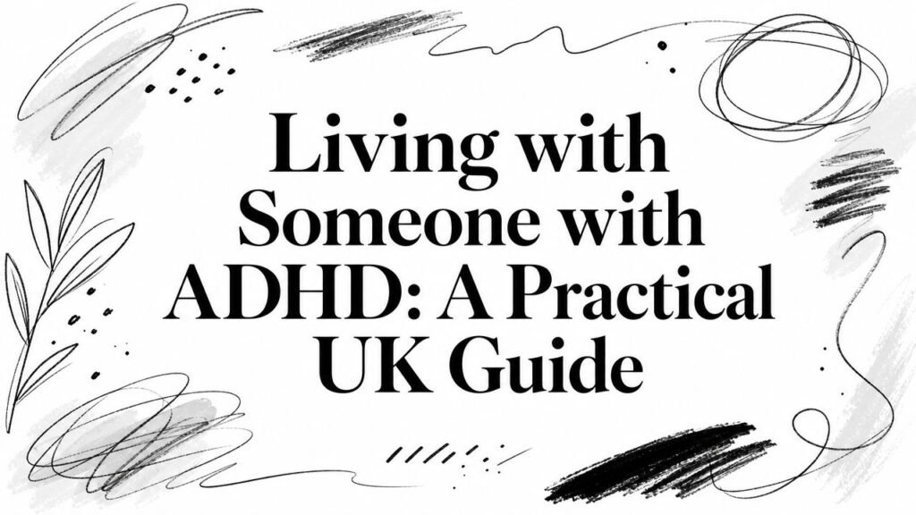 Cover image with the title 'Living with Someone with ADHD: A Practical UK Guide' surrounded by abstract doodles.