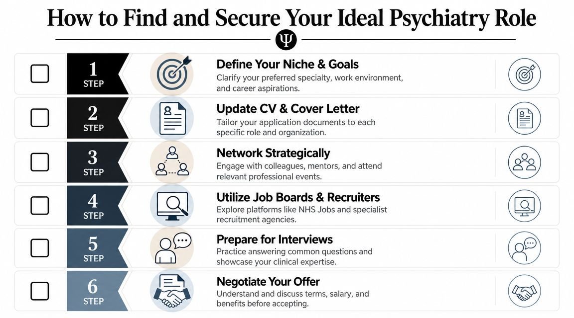 A six-step checklist infographic illustrating how to find and secure a psychiatry career role.