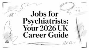 Graphic with the title: "Jobs for Psychiatrists: Your 2026 UK Career Guide" surrounded by abstract doodles and brush strokes, serving as a header image for a career guide article.
