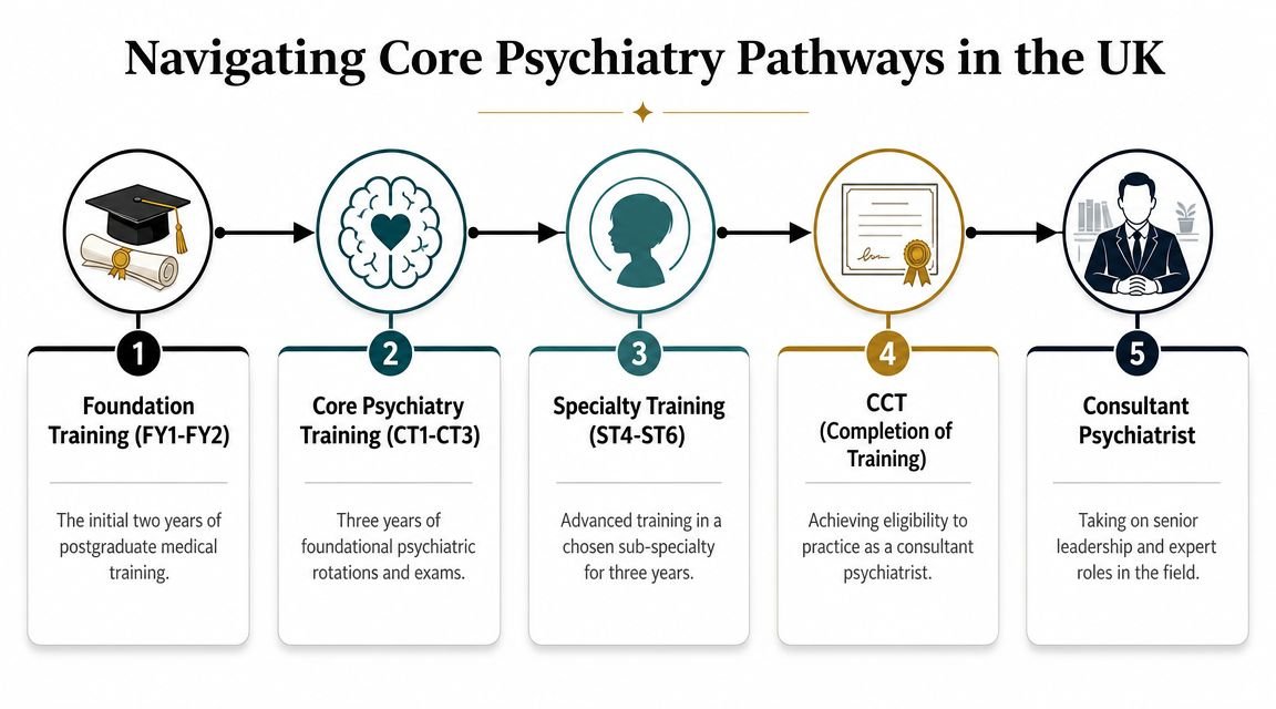 A five-step flowchart illustrating the professional training pathway to becoming a consultant psychiatrist in the UK.