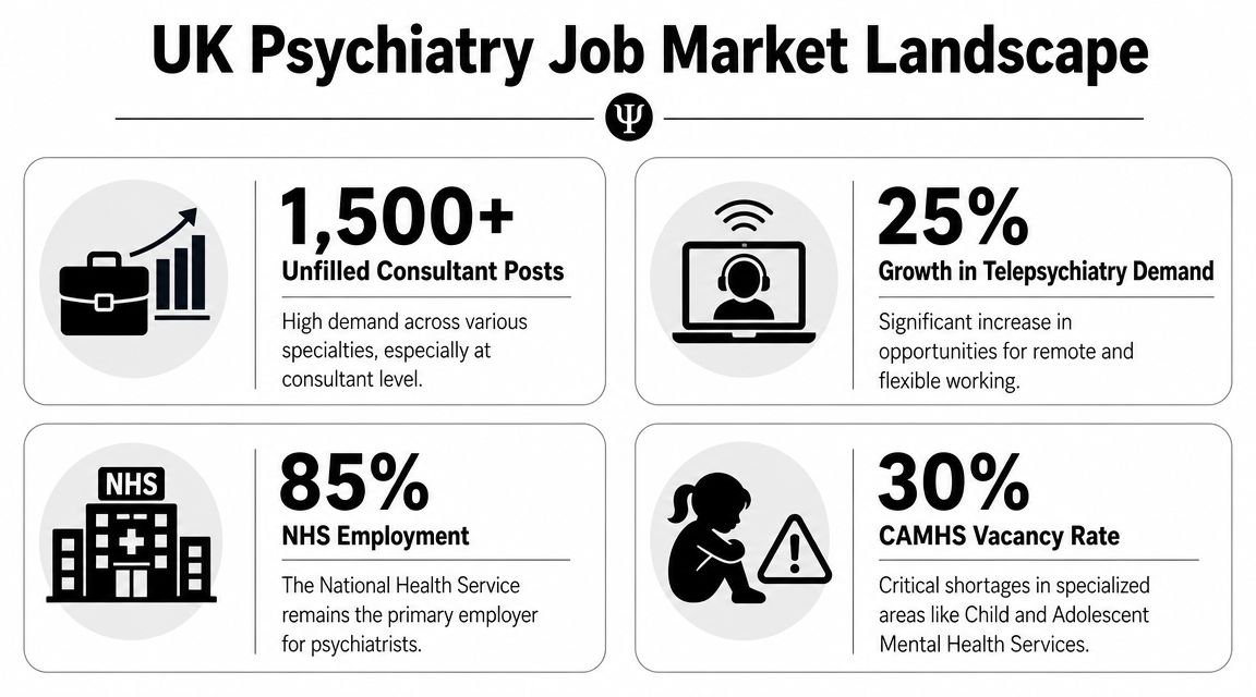 An infographic showing statistics about the psychiatry job market in the UK including vacancies and trends.