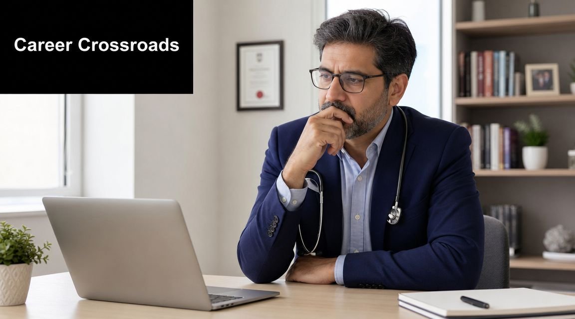 A pensive middle-aged psychiatrist in a suit sits at his desk looking at a laptop computer.