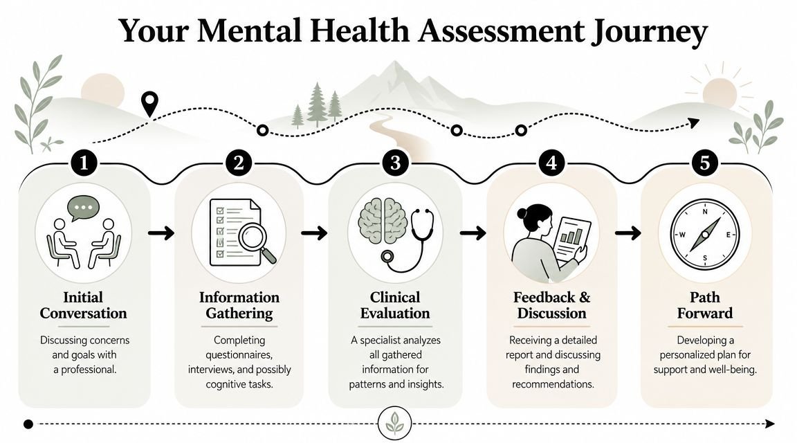 An infographic showing the five steps of a patient's mental health assessment journey from conversation to plan.