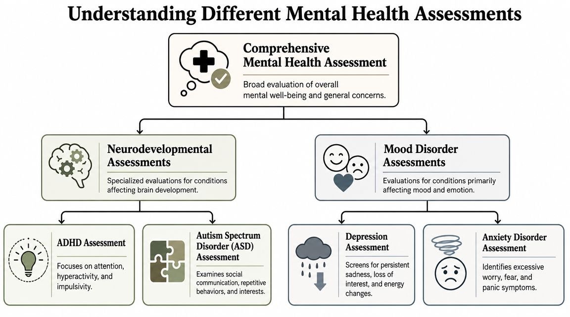 An infographic titled Understanding Different Mental Health Assessments showcasing various types of clinical evaluations for patients.