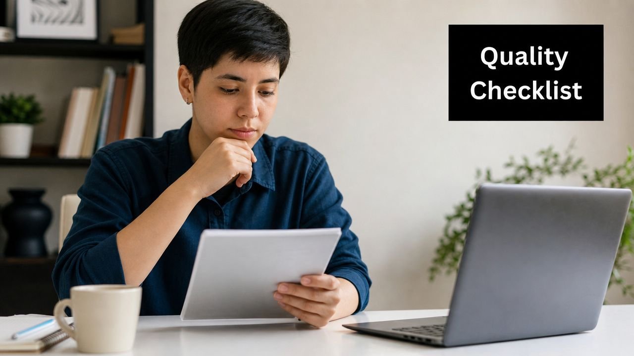 A young professional with short dark hair looking thoughtfully at a tablet while working at a desk.