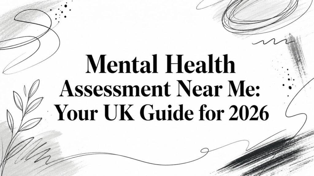 Cover hero: title 'Mental Health Assessment Near Me: Your UK Guide for 2026' with abstract doodles and leaves around a white background.
