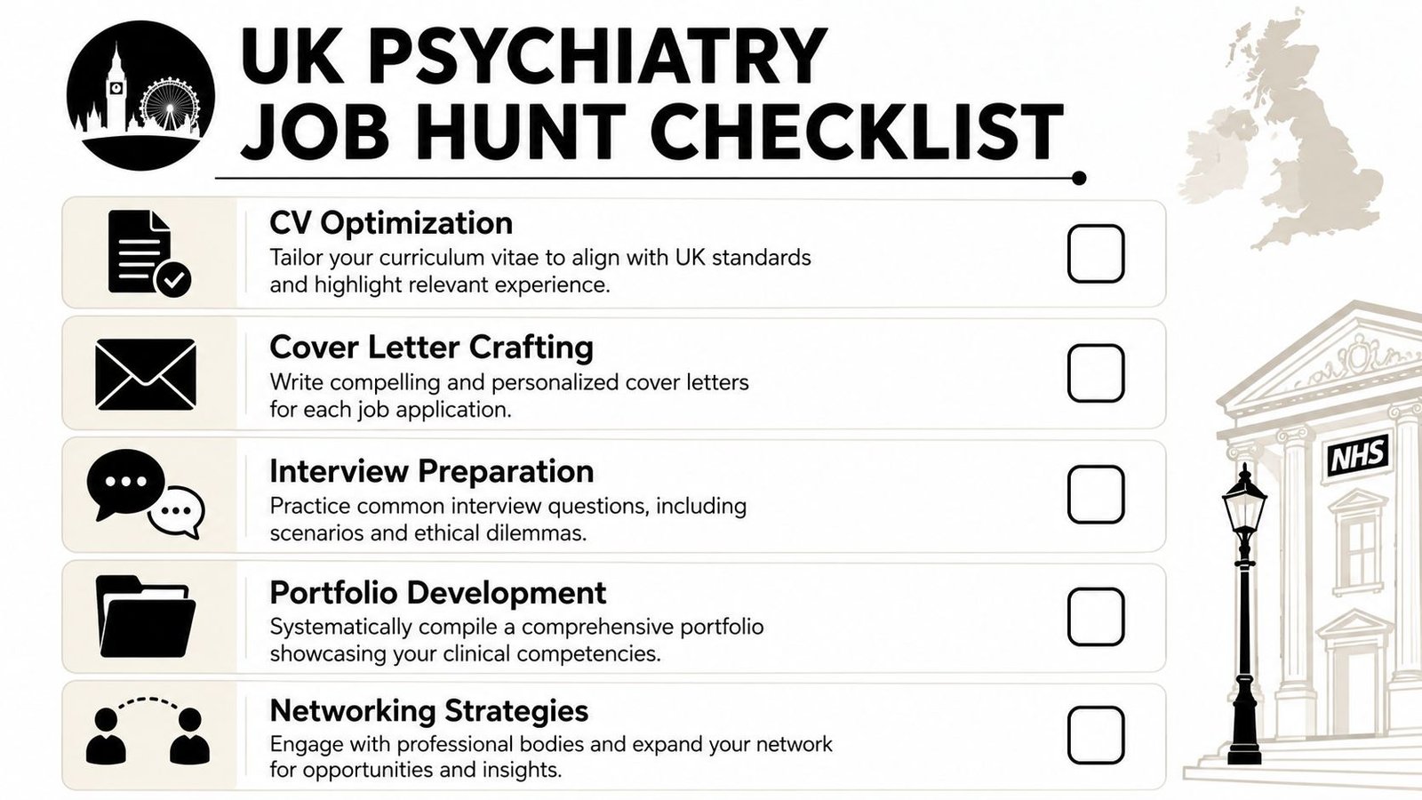A checklist infographic titled UK Psychiatry Job Hunt Checklist, featuring five essential career development steps for doctors.