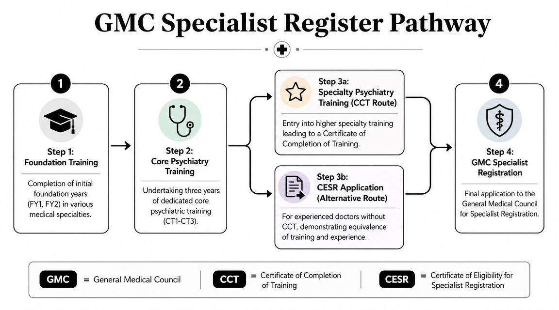 A flow chart illustrating the GMC Specialist Register pathway for doctors pursuing a career in psychiatry.