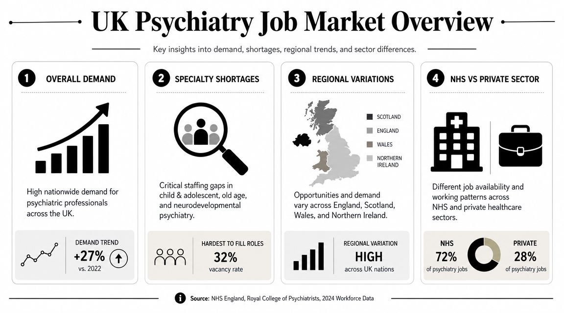 An infographic summarizing the UK psychiatry job market, highlighting high demand, specialty shortages, and sector statistics.