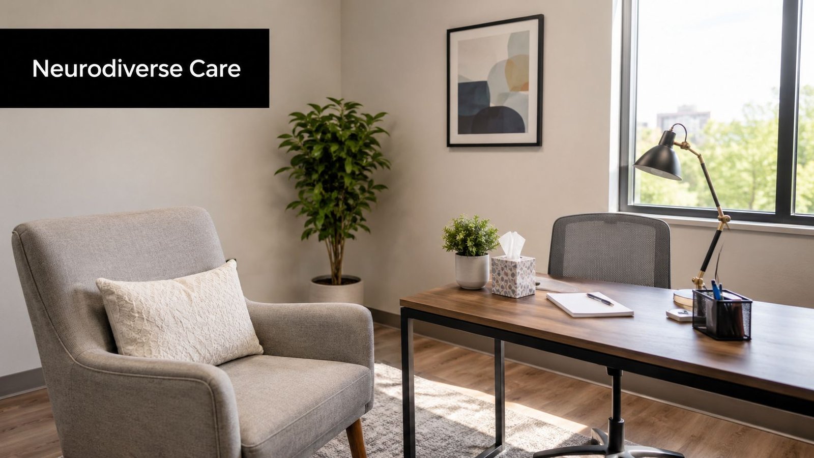 A professional office space featuring a gray armchair and a wooden desk, suitable for therapy sessions.