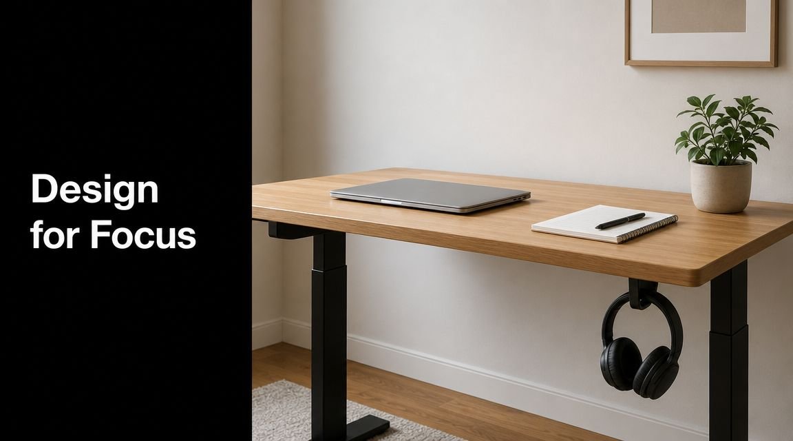A clean, minimalist desk setup with a laptop, notebook, and headphones, emphasizing a focused work environment.