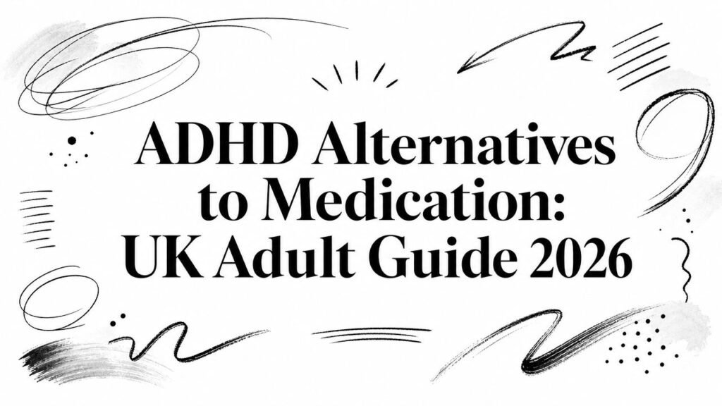 Cover for ADHD: Alternatives to Medication — UK Adult Guide 2026 with abstract doodles on a white background.