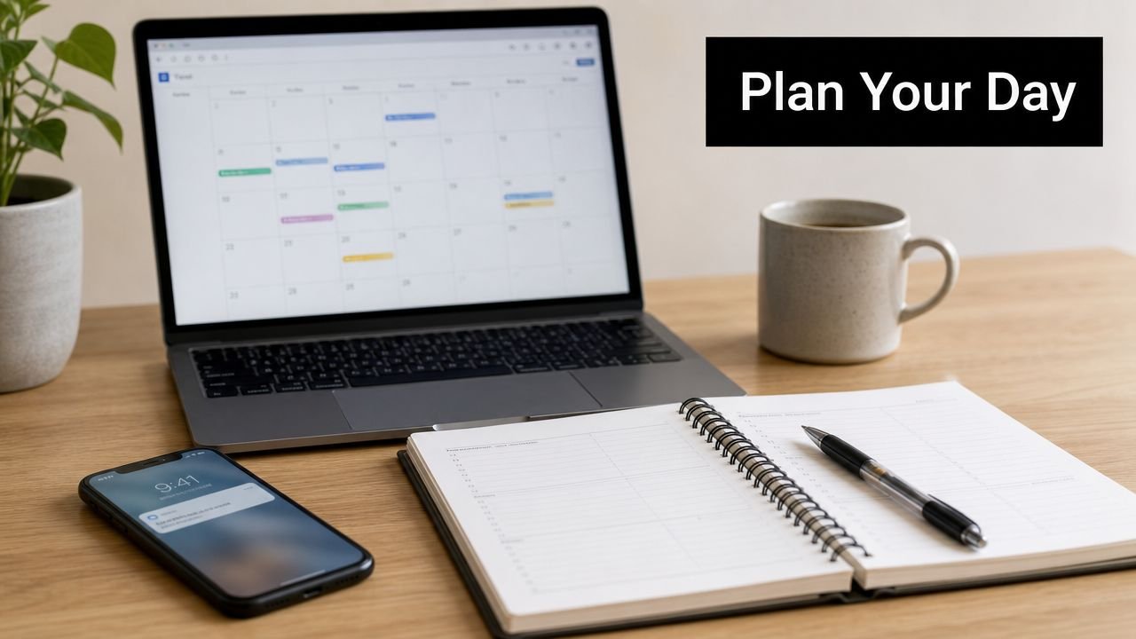 A workspace showing a laptop with a calendar, a planner, a pen, and a smartphone on wood.