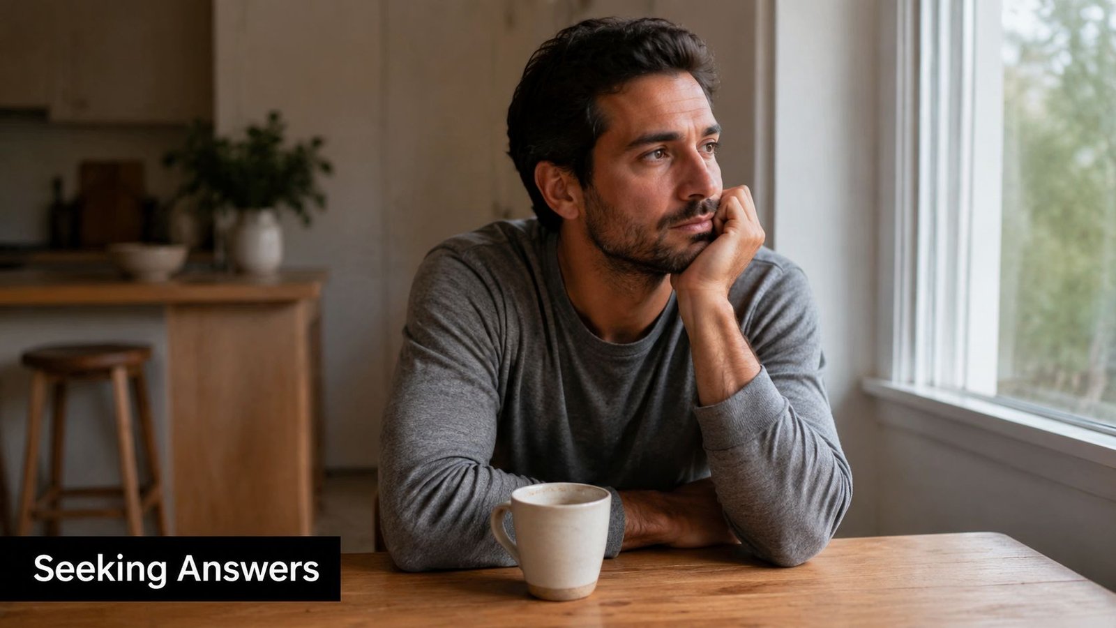 A contemplative man sitting at a wooden table with a coffee mug, gazing thoughtfully out a window.