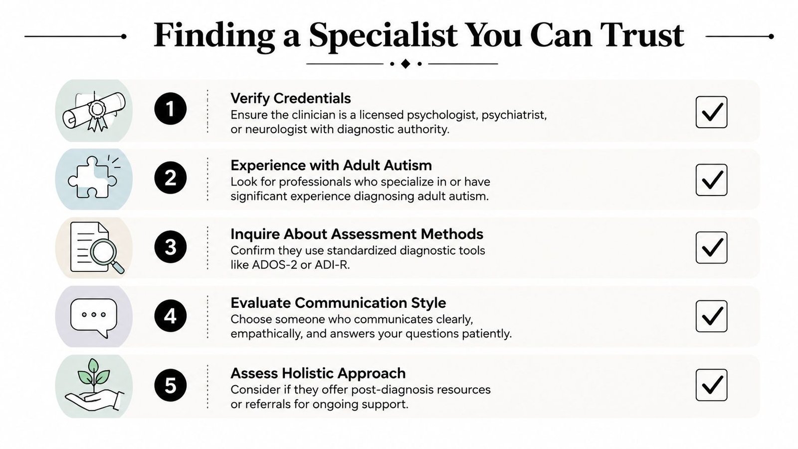 A checklist for finding a trusted specialist for adult autism diagnosis including credential verification and assessment methods.