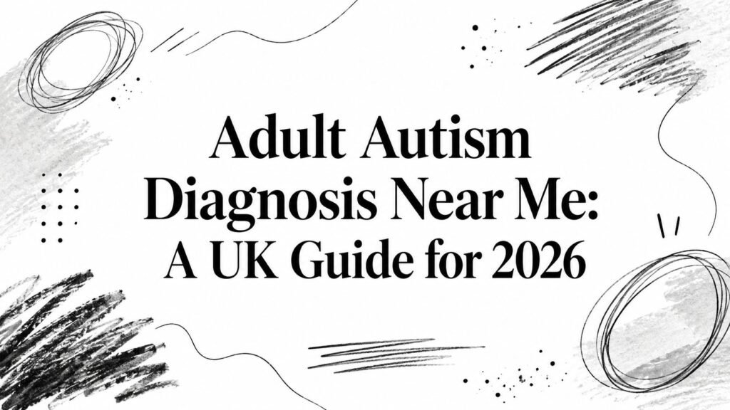 Banner headline reading: "Adult Autism Diagnosis Near Me: A UK Guide for 2026" with abstract black doodles around a white background.