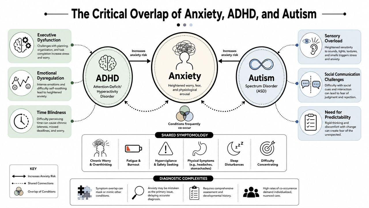 A diagram illustrating the complex overlap and shared symptoms between anxiety, ADHD, and autism spectrum disorder.