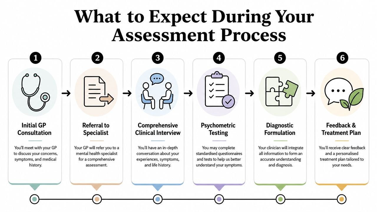 A numbered flowchart showing the six stages of the mental health assessment process, from GP consultation to treatment.