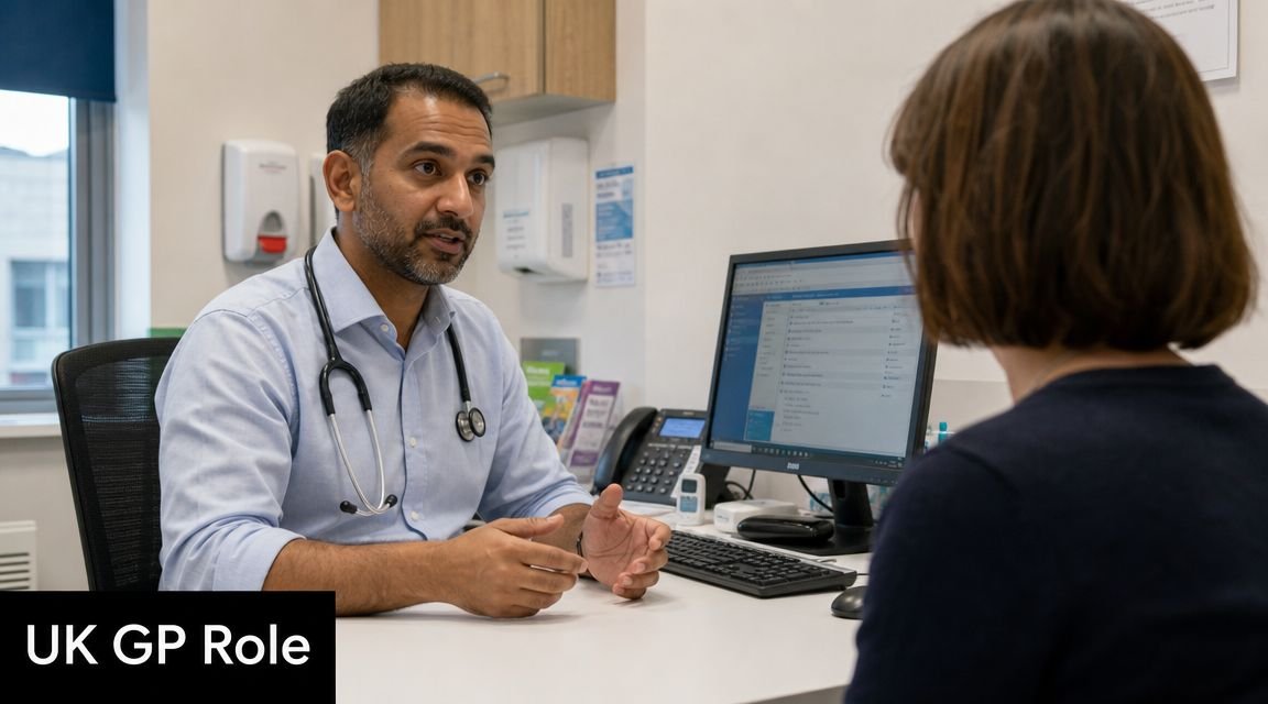 A male GP doctor in a light blue shirt talks to a patient in an office.