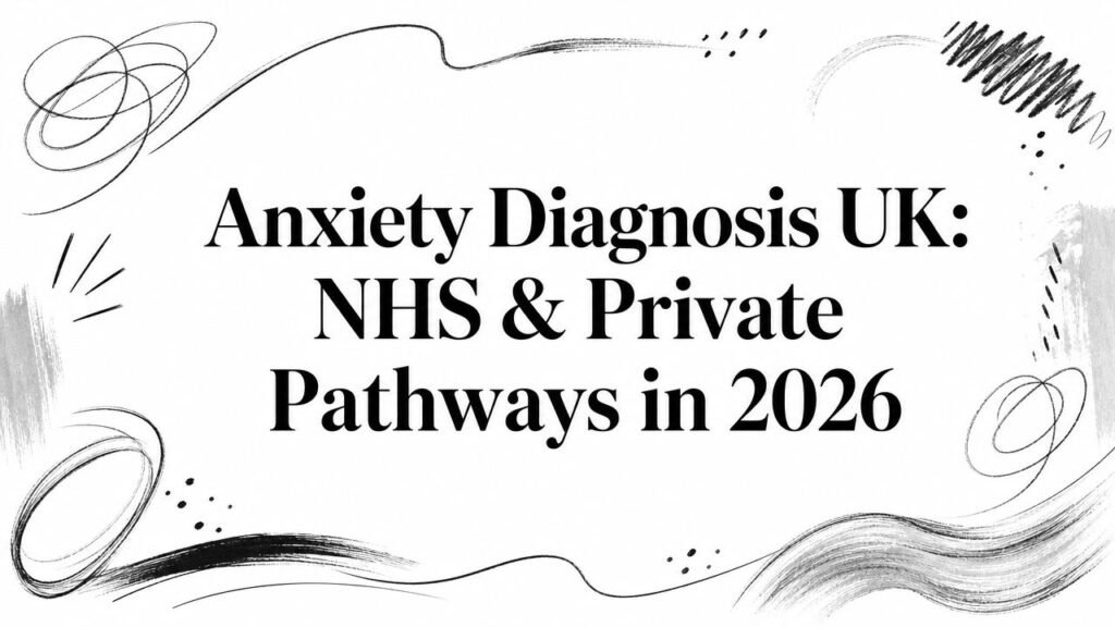 Title slide reading 'Anxiety Diagnosis UK: NHS & Private Pathways in 2026' with abstract black brush-stroke decorations around the edges.