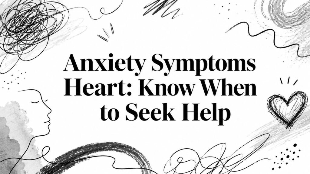 Bold banner title: 'Anxiety Symptoms Heart: Know When to Seek Help' with abstract doodles suggesting mental health content. (Informational header)