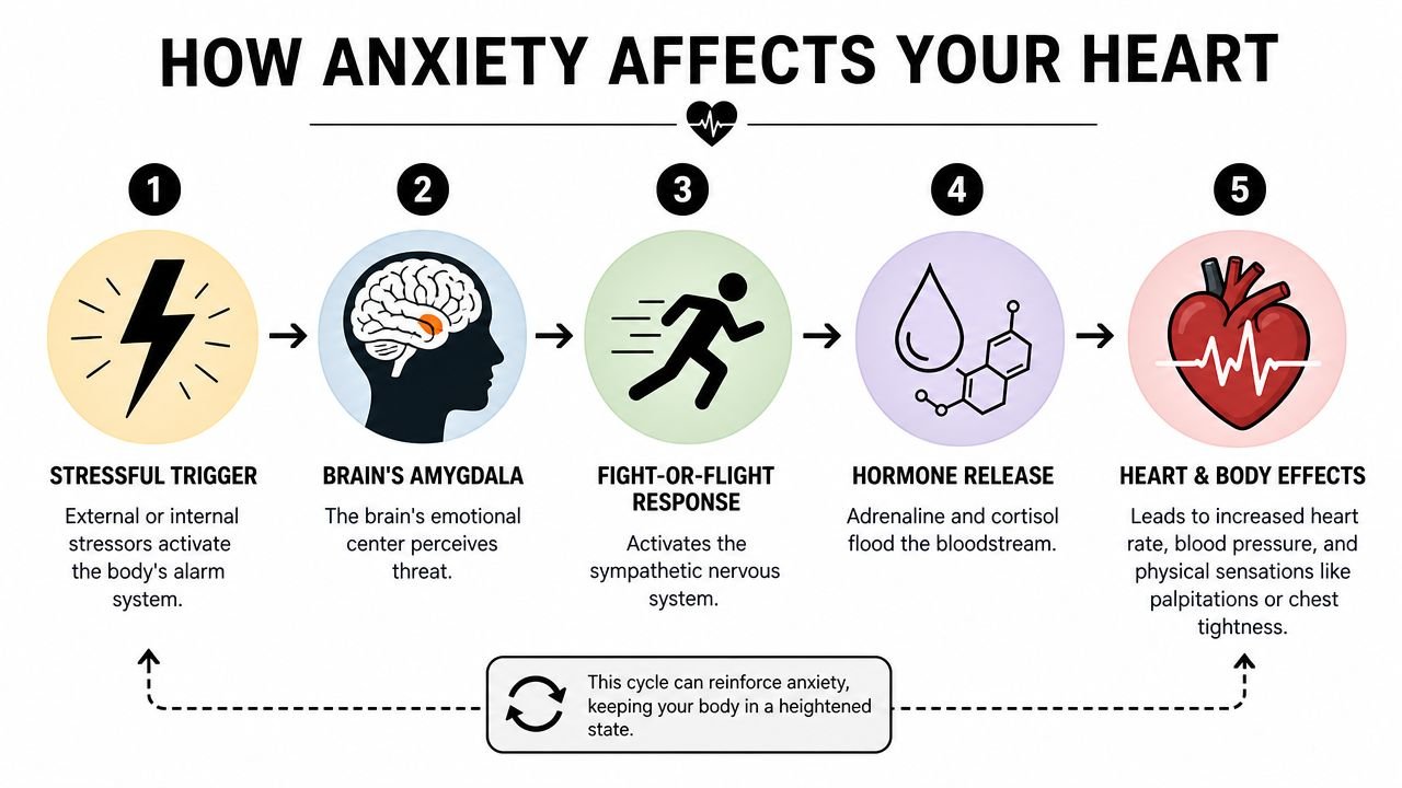 A diagram illustrating the five-step process of how anxiety affects the heart and body physically.