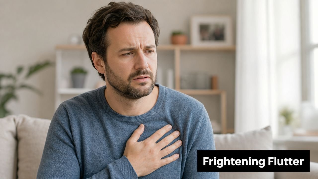 A concerned man sitting on a sofa with his hand over his heart, illustrating anxiety symptoms.