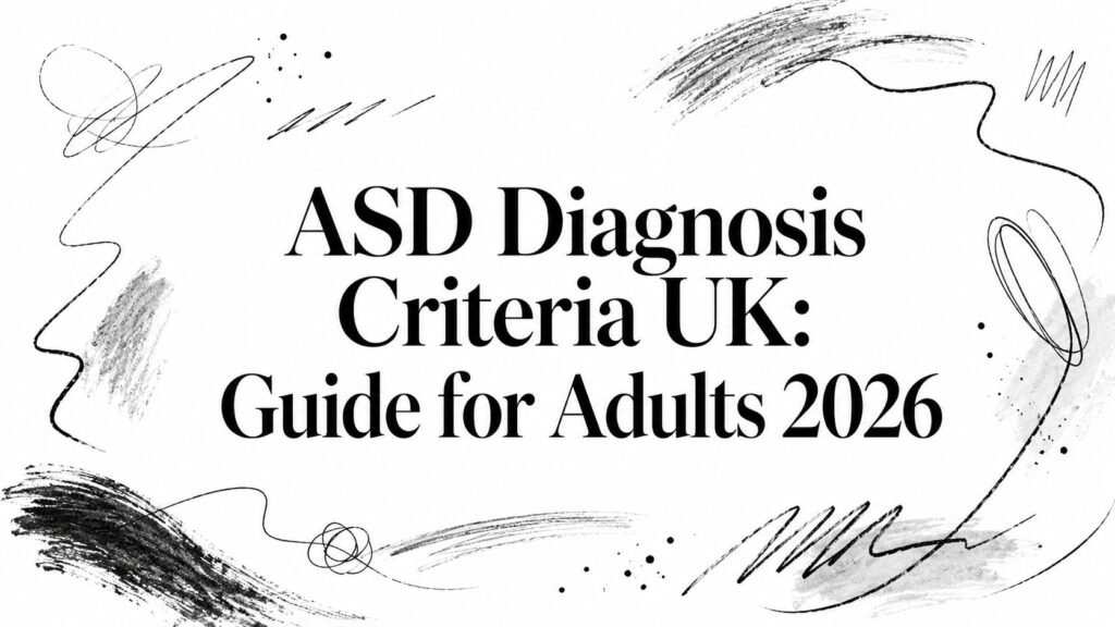 Title card: ASD Diagnosis Criteria UK — Guide for Adults 2026, with abstract black brush strokes.