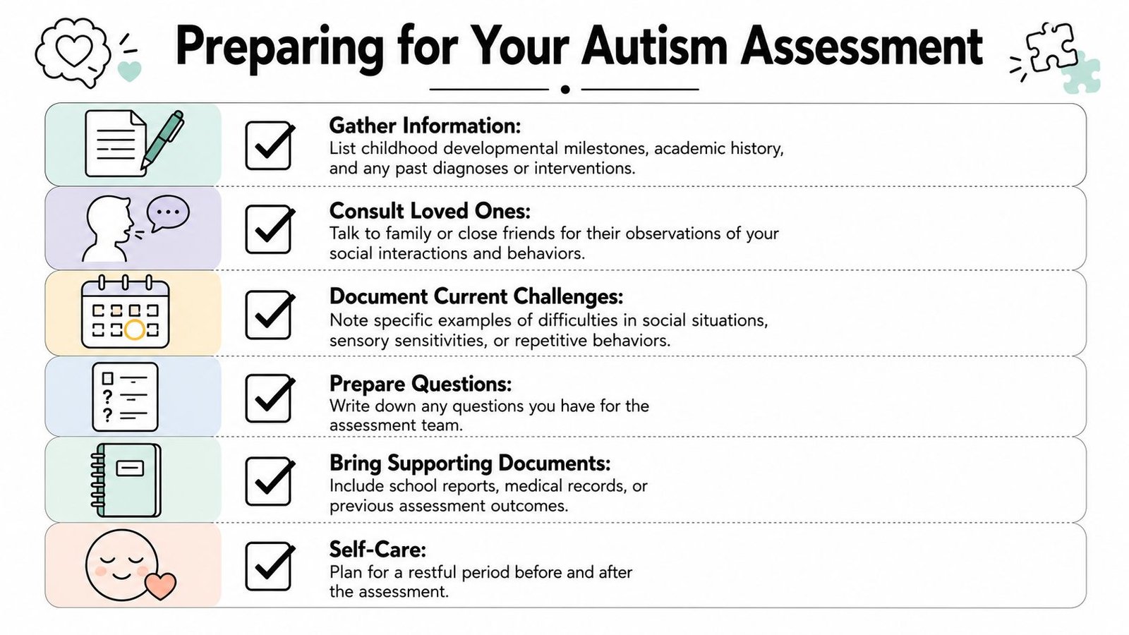 A checklist infographic titled Preparing for Your Autism Assessment, listing steps for gathering information and preparing documents.