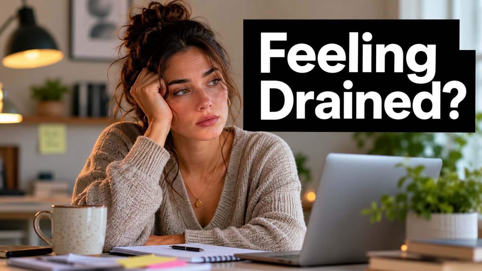 A tired woman resting her head on her hand while looking at a laptop computer in a home office.